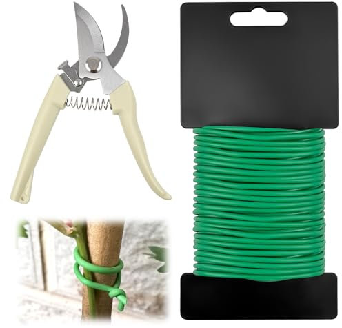 TOPCZY 3mm Flexible Green Garden Wire, 20m Galvanized Plant Twist Tie, Reusable Rubber Coated Plant Wire, Plant Support Wire with Pruning Shears, Gardening Wire for Climbing Plants Tomatoes