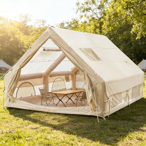 Jaxguom Aufblasbares Gampingzelt mit Kaminöffnung & Dachfenster, Glamping Zelt für Outdoor, Aufblasbares Zelt aus Wasserdichtem Oxford-Stoff 4 Saison, Fenster & Türen mit Mesh
