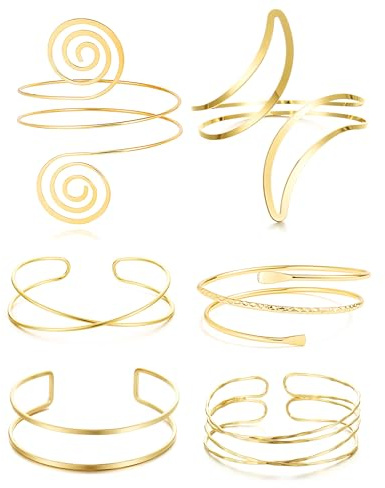 Hebterrka Ensemble de Bracelets Arm en Or 6 Pièces, Bracelets de Bras Ajustables Plaqués Or 14K, Bijoux Polyvalents pour Femmes pour Mariage et Fête