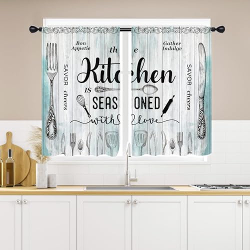 EGLGCC Cortinas rústicas de cocina verde azulado, cian, azul aguamarina, pequeña ventana campestre, vintage, casa de campo, retro, antiguo, tenedor, cuchillo, bolsillo para barra, cortinas cortas