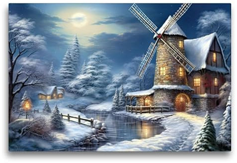 CALVENDO Premium Textil-Leinwand 75 x 50 cm Querformat Winterlandschaft mit Windmühle | Wandbild, HD-Bild auf Keilrahmen, Wanddekoration, Kunstdruck von Sabine Löwer