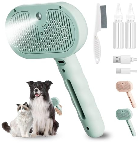 Cat Spray Brush with Steam, Dog Steam Brushs for Shedding, 3-In-1 Cat Hair Brush with Spray and Release Button, for Most Long-haired and Short-haired Pets (Blue)