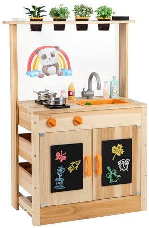 GYMAX Cucina in Legno di Abete per Bambini con Vasi da Piantare, Piano Cottura, Lavandino Rimovibile, Pannello Acrilico e Lavagne, Set da Cucina per Gioco Esterno per Giardino e Cortile