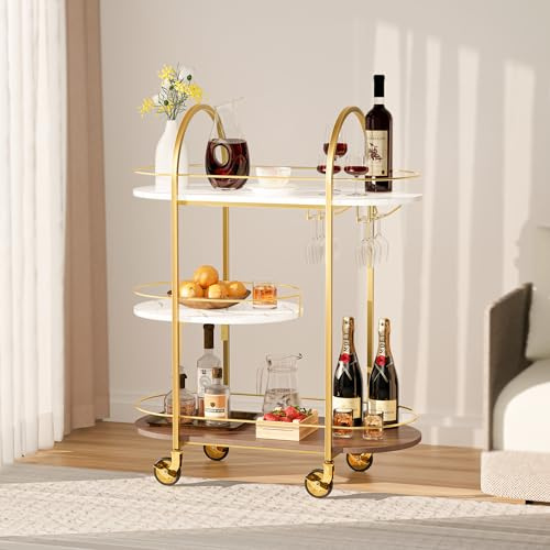 DAWNYIELD 3-Tier Oval Mobile Bar Serving Cart, Drinks Trolley on Lockable Wheels with Glass Holder, Rolling Storage Trolley for Kitchen Living Room Party Home Bar, Gold
