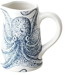 Octopus Jug, 11cm – Nautical Coastal Ceramic Jug for Water, Milk, or Flowers – Decorative Beach House Pitcher Vase – Blue and White Octopus Design Tableware