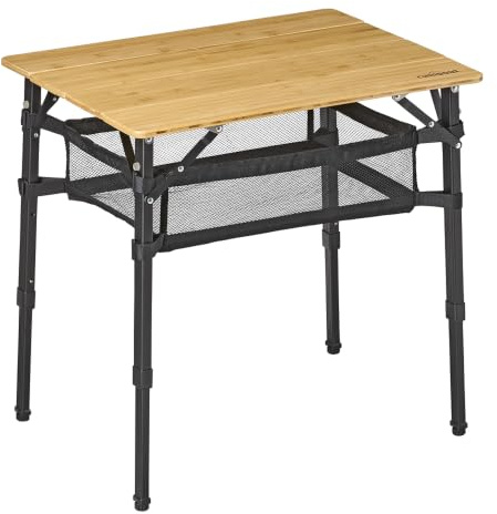Campout Campingtisch - 65 x 50 x 65 cm - Klappbarer Gartentisch - Campingtisch Mit Schrank - Klapptisch - 3-Fach Höhenverstellbar - Inkl. Tragetasche - Bambus