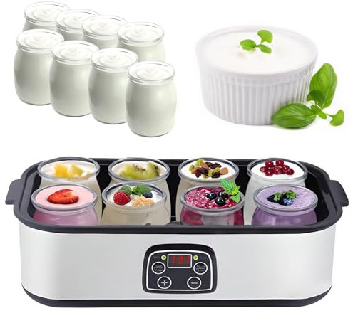 Yogurtiera Ultimate, Yogurtiera Automatica con 8 Contenitori in Vetro da 180 Ml, Macchina per Yogurt da 1400 Ml, Temperatura e Tempo Regolabili, per Yogurt Fresco Fatto in Casa