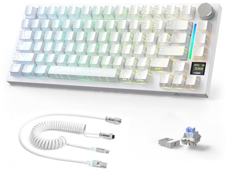 AJAZZ X Attack Shark X820Ultra Funk-Mechaniktastatur & Gespritztes Kabel | 2.4G/BT/USB-C, 75% Layout 80 Tasten mit TFT-Farbbildschirm & CNC-Knob, RGB Hot-Swap, 4000mAh-Weiß/Shark Switch
