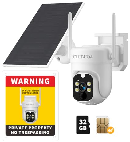 CHIBHOA 4G LTE Solar Security Camera - No WiFi Cellular Outdoor Camera with 2K Color Night Vision, PIR Motion Detection, 2-Way Audio, Siren Alarm, 360° Live View, SIM Card & 32GB SD Card Included