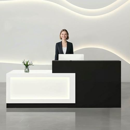 Receptionsskrivbord med LED-ljus och förvaring, trä kommersiell främre räknare för kontor och salong