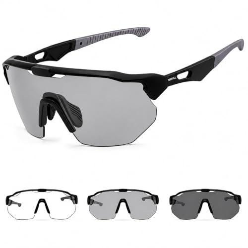 Meayll Fahrradbrille Herren Damen Selbsttönend, Photochrome Laufbrille UV400 mit Verstellbarem Nasenpad, 27g Leichte TR90 Sportbrille Sonnenbrille Schnelle Brille für Fahrrad, MTB, Outdoor, Schwarz