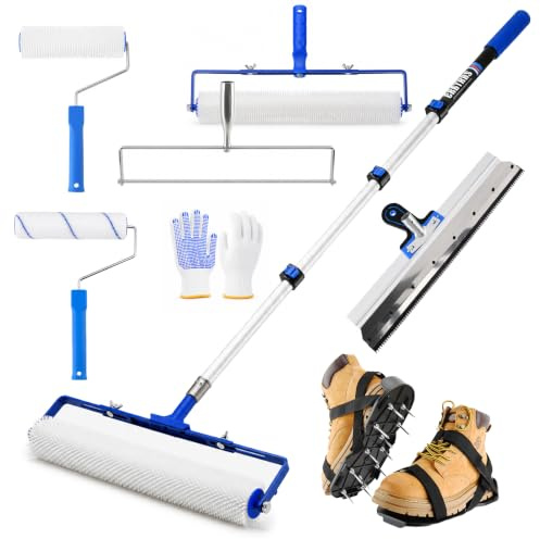 Self Leveling Cement Flooring Tool Kit withTelescopic Extension Pole,Adjustable Roller Frame,Self-Leveling Rake, Spiked Shoes,Paint Rollers for Concrete,Garage&Resin Floor Projects