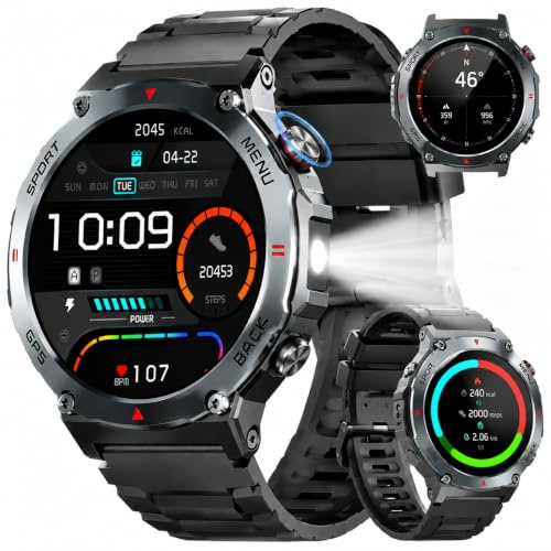 Smartwatch Herren, 1,43AMOLED GPS Fitnessuhr Military mit Bluetooth Anrufe, 160+ Sportmodi Sportuhr, 5ATM Wasserdicht, Herzfrequenz, Schlafmonitor, Pulsuhr, Schrittzähler, Armbanduhr für iOS Android