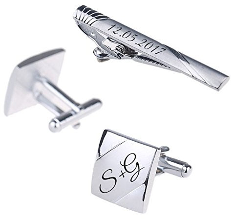aplusashop ID Krawattennadel + Manschettenknöpfe mit Gravur nach Wunsch Edelstahl Hochzeit Model 2 (Ohne Gravur)
