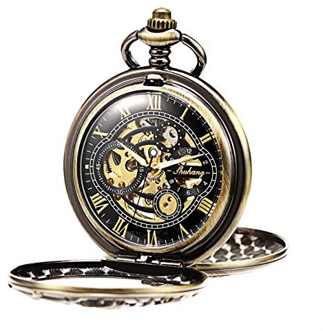 TREEWETO Mechanische Taschenuhr für Herren, Dream Dragon Skelett Half Hunter Double Open Silber / Bronze / Schwarz Gehäuse für Herren, Bronze-Gehäuse mit goldfarbenem Zifferblatt, Mechanisch