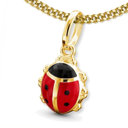 CLEVER SCHMUCK Mädchen Goldkette Marienkäfer Anhänger 13 mm rot lackiert mit Panzerkette 38 cm Sterling Silber 925 vergoldet Kinder Halskette im Etui rosa