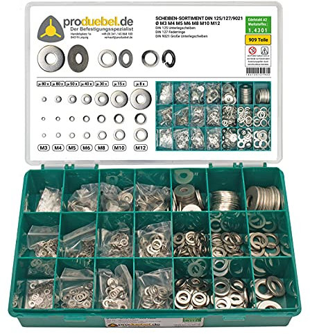 Scheiben-Sortiment DIN 125/127/9021 Ø M3 - M12 * 909 Teile Ø M3 - M12 (Edelstahl A2 V2A)