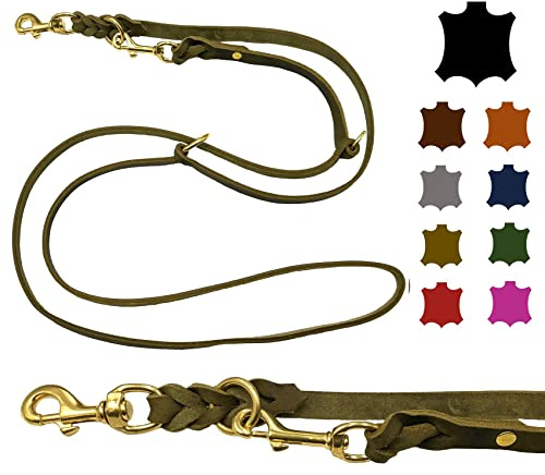 Hundeleine Fettleder Messing kleine Hunde/große Hunde 2m / 2,40m / 2,80m / 3,50m / 5m Doppelleine verstellbar (2m X 8mm, Olivegrün)