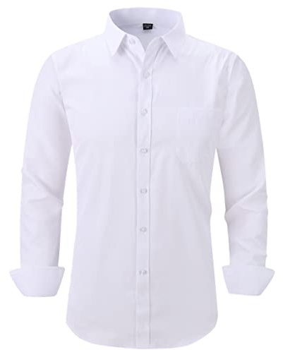 corfty Long Sleeve Dress Shirts for Men - Regular-Fit Casual Button-Down Shirt with Pockets (Small, White)
