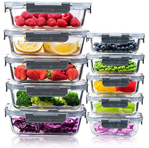 Contenitori Ermetici per alimenti Vetro con coperchio - Ideale per Microonde, Forno, Frigo e Freezer - Contenitore Meal Prep e Alimenti piccoli - Set Premium di 10 senza BPA - 1050ml e 370ml