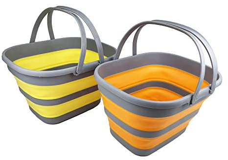 SAMMART 17L Faltbarer Korb mit Griff – Tragbarer Outdoor-Picknickkorb/Krater – Faltbare Einkaufstasche – Platzsparender Aufbewahrungsbehälter (Hellgelb + Mandrainrot, 2)