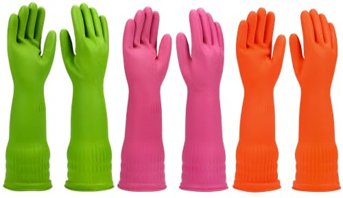 WEKIWGOT 3 Paar Gummihandschuhe Lang für Küchenabwasch, Wiederverwendbare und Wasserdicht mit Rutschfestem Griff, ideal für Haushaltsreinigung und Spülen