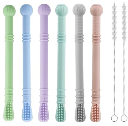 PandaEar Silicone Baby Teether Tubes, 6 Pack Teething Sticks for Babies| Soft Baby Teething Toys Chew Frozen Teether for Teething Relief with 2 Cleaning Brush, Baby Toys 0-3 3-6 6-12 months