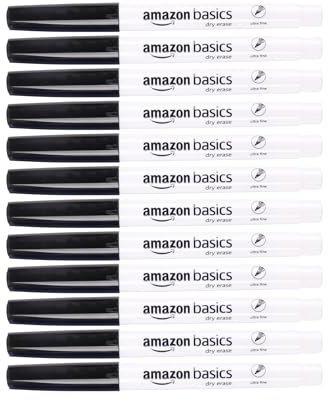 Amazon Basics Low Odor Ultra Fine Tip Dry Erase White Board Markers, Black, 12-Pack