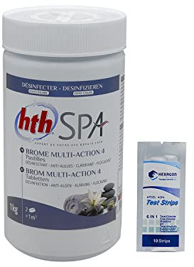 HTH Spa Brome Multi-Action 4 Pastilles 20g - 1kg | Brome Lent Multiaction - Désinfection Régulière Multifonction - Dissolution Lente + 10 Tests HPS OFFERTS 6 en 1