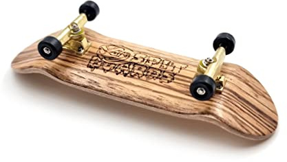 SPITBOARDS 32 mm Fingerboard Complete Real Wood Set-Up (pre-assemblato, 5 strati), Trucks with Nuts, Bearing Wheels, Foam Grip Tape, (Deck: Zebra Wood, Trucks: Oro, Wheels: Black)