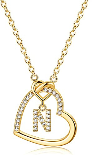 LIHELEI Damen Halskette Herz Buchstabe 925 Silber Kette Damen Personalisiere Kette, Geburtstags und Weihnachten Geschenk Für Frauen Mädchen Mama Freundin - N(Gold)