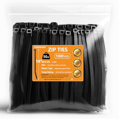 COMRUN 1000pcs 10Inch Nylon Zip Ties, 50 Pounds Tensile Strength, Black Cable Tie,Industrial Grade,UV Resistant,Heavy Duty,for Home,Garden Trellis,Office,Garage and Workshop