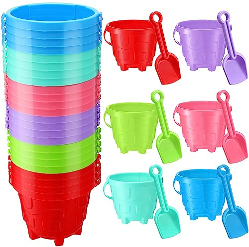 Thyle 24 Pack 5.7'' Sand Buckets Bulk for Kids Plastic Beach Buckets Pail with Shovels Fun Beach Castle Mold Sand Toys for Summer Pool Party Favor Supplies, 6 Assorted Colors