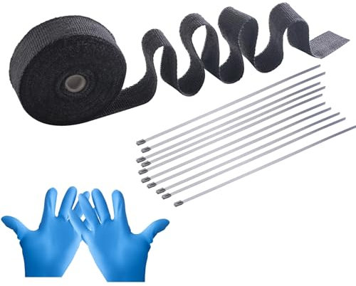 CNCYEAH 1 Stücke Hitzeschutzband Auspuff, 15M Schwarz Auspuffband mit 20 Stück Edelstahl Kabelbindern und Nylonhandschuhe, Basaltfaser Auspuffband Krümmerband für Motorrad Auto