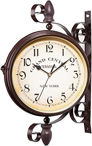 Antik Retro Bahnhofsuhr Doppelseitige Retro-Uhr, Metall-Garteneckuhr, stumme Metallseiten-Stationsuhr for Korridore, Veranda, Bahnhof, Terrasse, Pool, Zaun, Badezimmer, Heimdekoration Wanduhr Doppelse