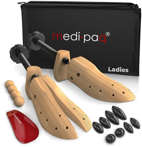 Medipaq - 2x Two Way Adjustable Premium Ladies Pine Shoe Stretchers - UK Size 3-8 Shoe Tree with Cedar Balls and Drawstring Bag - Wooden Shoe Stretchers for Women - Wooden Shoe Trees for Women