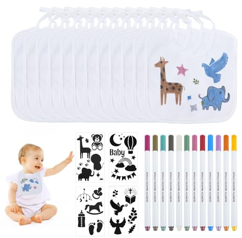 Luchild Lätzchen zum Bemalen, Weiß Lätzchen Bemalen Babyparty, Inklusive 12 Textilstiften und 4 Malen Schablonen für Kreative Gestaltung Ideal für Babyshower Party Geschenke