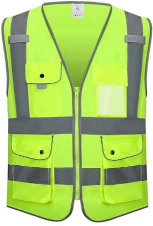 KANMORE Hi Vis Safety Vest EN ISO 20471 – High Visibility Reflective Vest with 7 Pockets & Side Hand Pockets, Zipper Front Workwear for Construction, Security & Cycling – Orange/Yellow(Yellow, M)