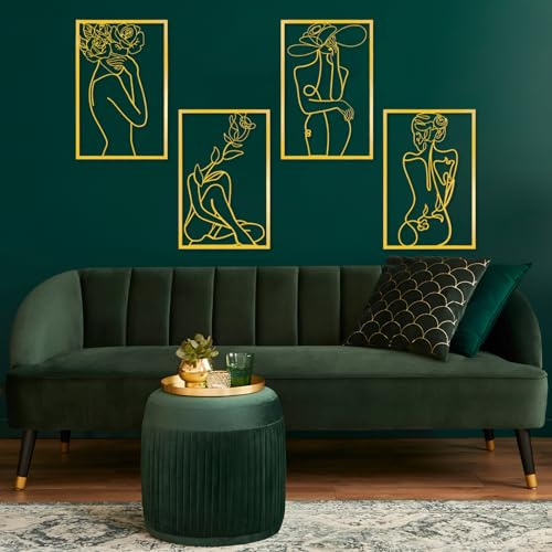 WATUNID 4 Stück Metall-Wanddekoration, minimalistische abstrakte Frauen-Wandkunst, goldene weibliche einzeilige Wandskulptur, moderne Linienzeichnung, Wandbehang für Schlafzimmer, Küche, Badezimmer,
