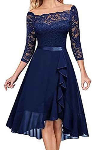 Robe mi-longue à épaules dénudées pour femmes UK 3/4 manches col droit en dentelle patchwork en mousseline pour soirée, cocktail et fête, bleu marine, L