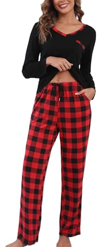Pyjama Femme Long Coton Ensemble Vêtement d'Intérieur Haut et Bas Carreaux Plaid Femme Tee Shirt Manches Longues Col V Boutons Vêtement de Nuit Pantalons de Pyjama Printemps Douce Confortable