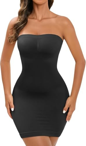 FXTYK Robe sans bretelles - Contrôle du ventre - Sous-robe gainante - Pour femme - Bretelles amovibles - Camisole gainante - Culotte intégrale, Noir , M