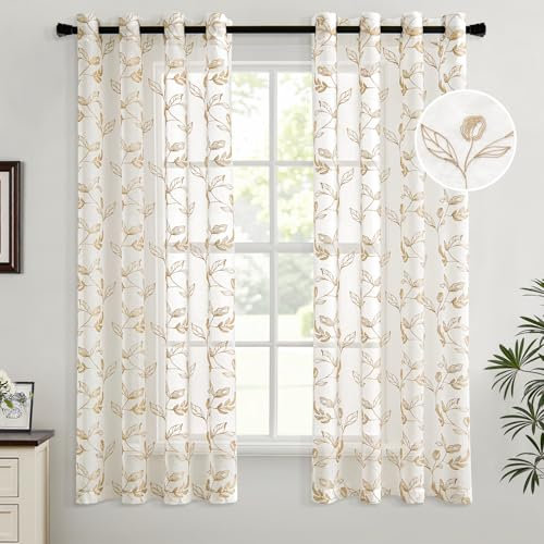 Woaboy Cortina Corta Dormitorio Taupe Estampadas Flores Hojas Visillo Ventana Decorativo Tansparente Moderno para Salón Habitación 2 Piezas 140x145cm