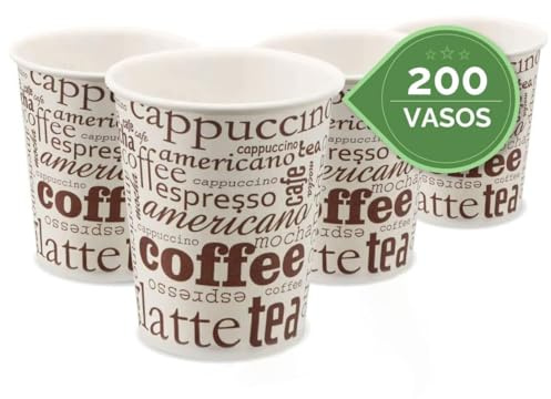 TELEVASO 200 Vasos desechables 200 ML cafe vasos carton desechables, vasos ecologicos reutilizables bebidas calientes, te, leche, resistentes al calor, capacidad