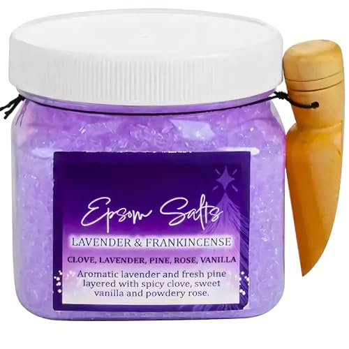 SGM Lavender & Frankincense Bath Salt 400g with Wooden Scoop - Relaxing Aromatherapy Bath Soak, Moisturizing & Soothing, Natural Mineral Salts for Skin Care, ELY1200