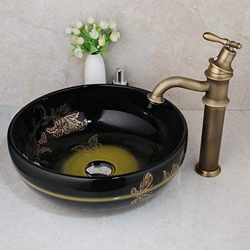 WOTZOV Lavabo de baño Lavabo de baño Grifo Mezclador de Lavabo de latón Antiguo Lavabos de Cuenco Redondo Negro Lavabo de vasija