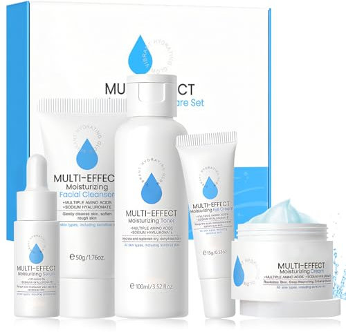 Skin Care Set Idratante, Skin Care Kit Viso, Set Regalo Donna, Kit Skincare Pelle Secca, Idratante Multi-effetto, Detergente Viso, Tonico Visoe, Creme Visoe, Crema Occhi e Siero-5set