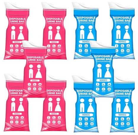 YJFY 10 bolsas de orina para viajes, 900 cc, para mujeres y hombres, a prueba de fugas, higiénicas, ideales para senderismo, viajes y viajes en coche (azul y rosa)
