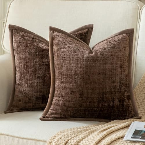 Yaertun 2er Set Kissenbezug Kaffeebraun 40x40cm Chenille Kissenbezüge Kissenhülle Dekokissenbezug sofakissen dekokissen deko Samtrückseite für Sofa Schlafzimmer Wohnzimmer Weiche Gemütliche