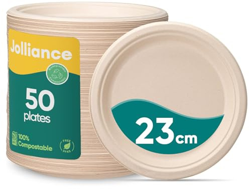 Jollliance 50 Stück Pappteller 23 cm - Stabil & Schnittfest - Kompostierbare Einwegteller aus Zuckerrohr Biologisch Abbaubare Teller Einweg für Party & Grillen Braun